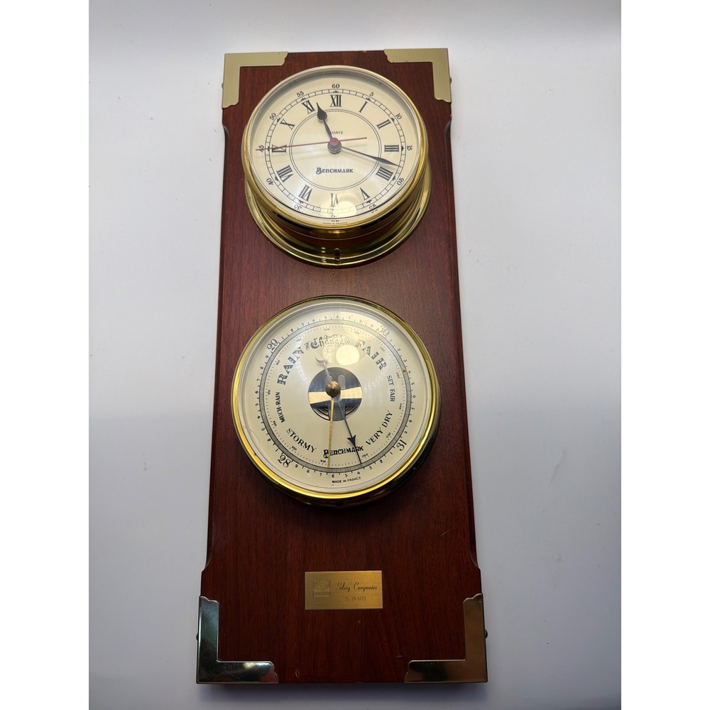 Benchmark Wood Wall Weather Station Quartz Clock Barometer Made in France Brass